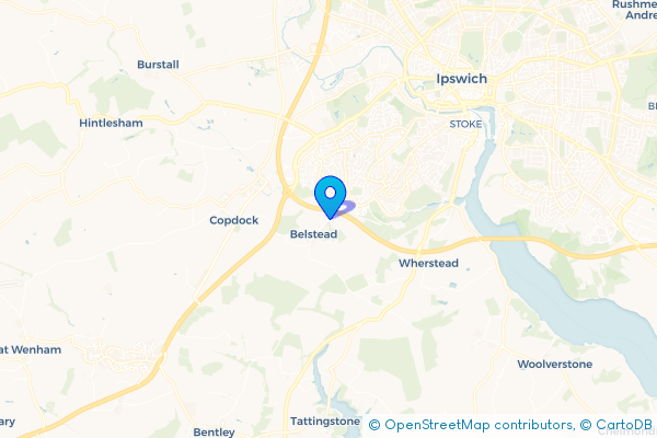 Coach Hire route map for Belstead, Suffolk