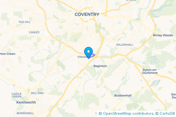 Coach Hire route map for Finham, West Midlands