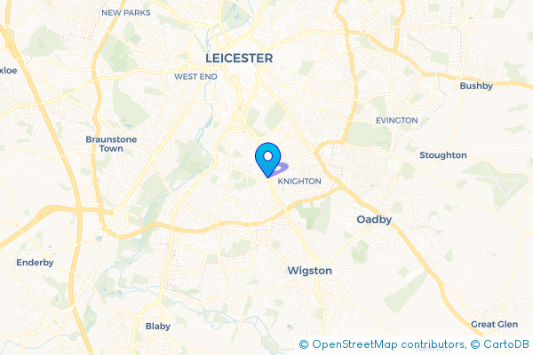 Coach Hire route map for Knighton, Leicestershire
