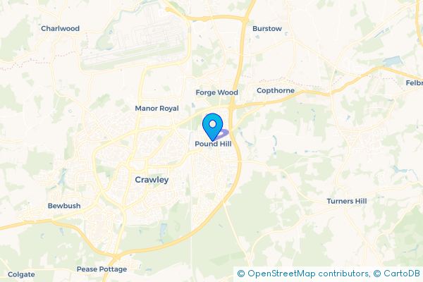 Coach Hire route map for Pound Hill, West Sussex