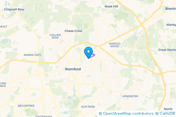 Coach Hire route map for Romford, Greater London
