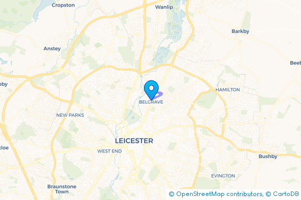 Minibus Hire route map for Belgrave, Leicestershire