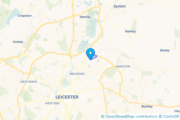 Minibus Hire route map for Rushey Mead, Leicestershire