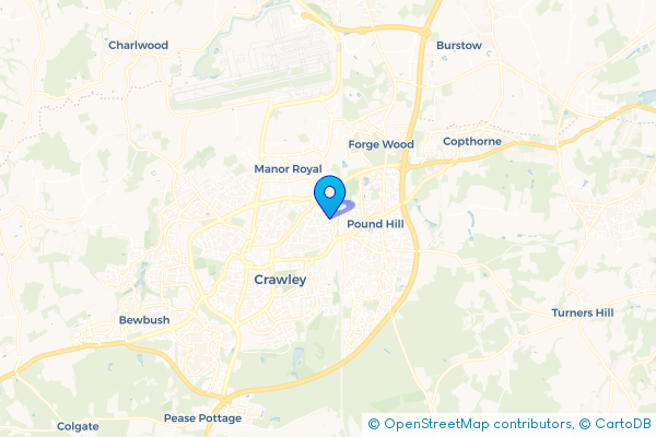 Minibus Hire route map for Three Bridges, West Sussex