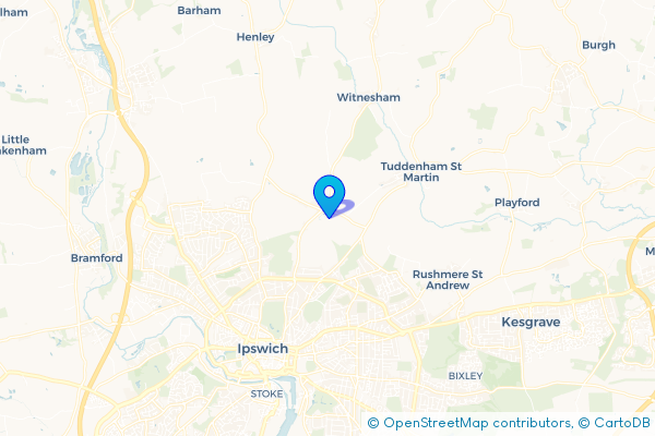 Minibus Hire route map for Westerfield, Suffolk