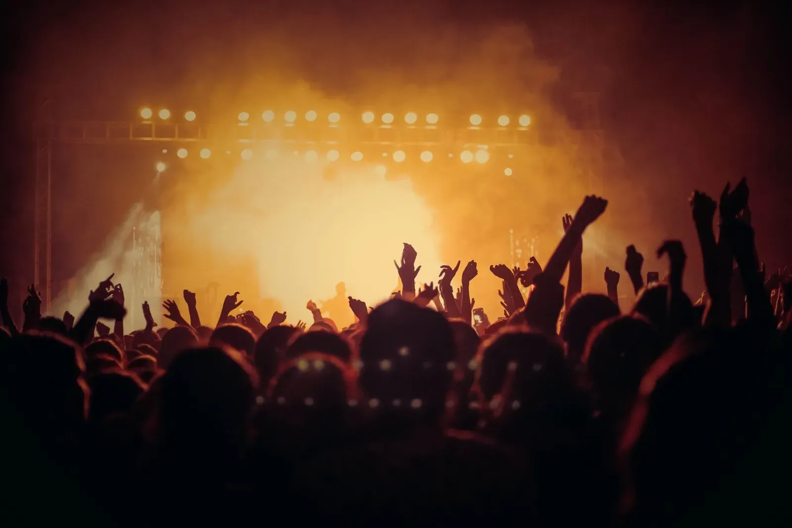 Audience with hands raised at a live event